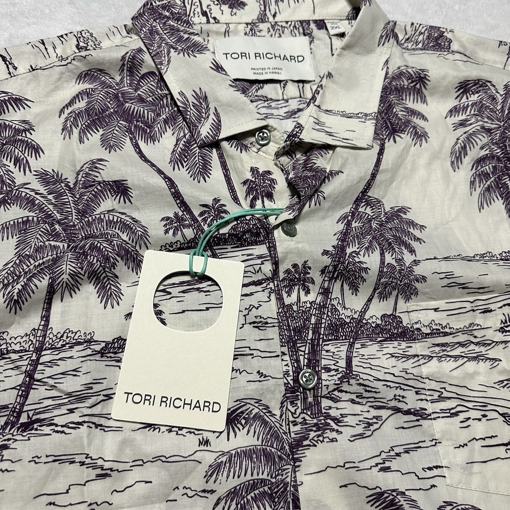 Tori Richard 2XL Aloha Shirt Cotton Coastal Engraving Purple Palm Tree Scenic - Picture 2 of 11